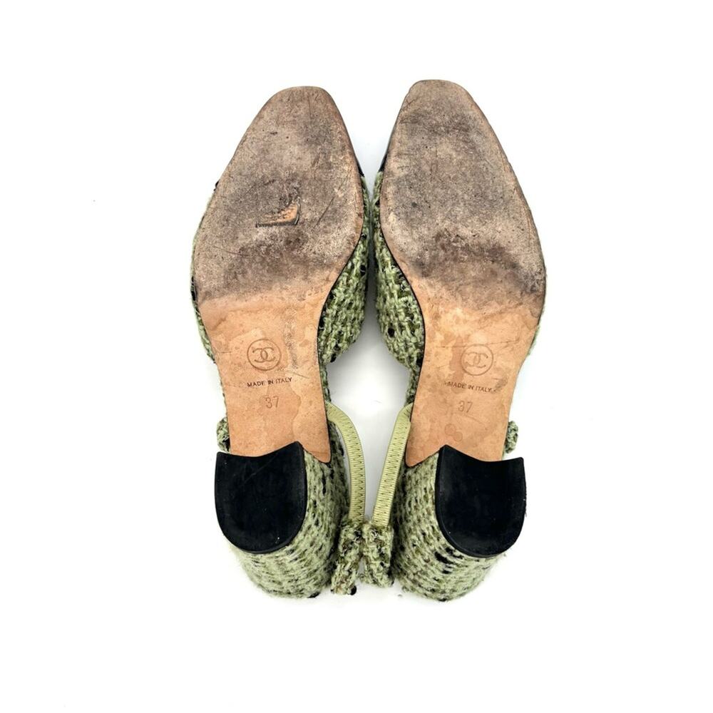 Chanel CC Logo Green Wool Tweed Patent Cap Toe Slingback Heeled Sandals 37 - Picture 6 of 7